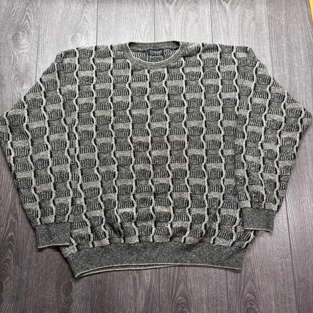 Vintage‎ Grey 1980s Knit Sweater Geometric 3d Knit XL Cottage Core Grandma